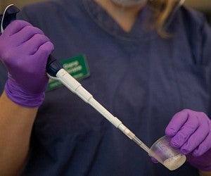 an employee collects a saliva sample from a cup